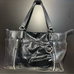 Michael Kors Black Leather Snakeskin Accent Zippered Double Strap Shoulder Bag